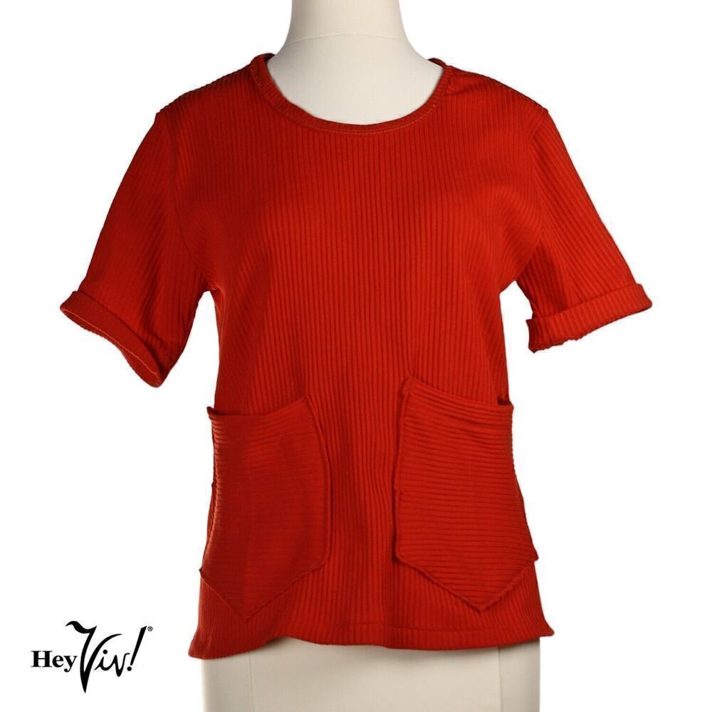 Vintage 70s Top Red Pullover Ribbed Knit w 2 Big Patch Pockets Sz Large -Hey Viv